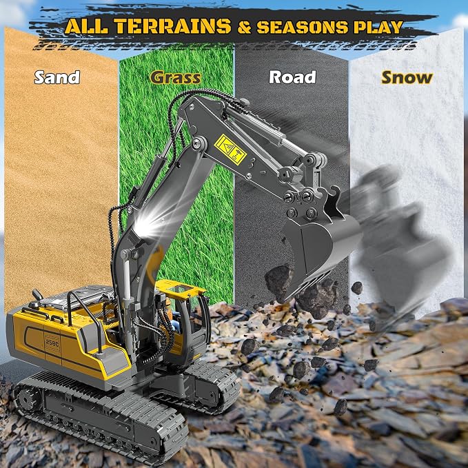 Remote Control Excavator Toy RC Play Excavator Construction Vehicles, 11CH 2.4Ghz RC Sand Digger with Metal Shovel & Light, Construction Truck Toys for Boys 3 4 5 6 7 8-12 Year Old Kids Birthday Gifts