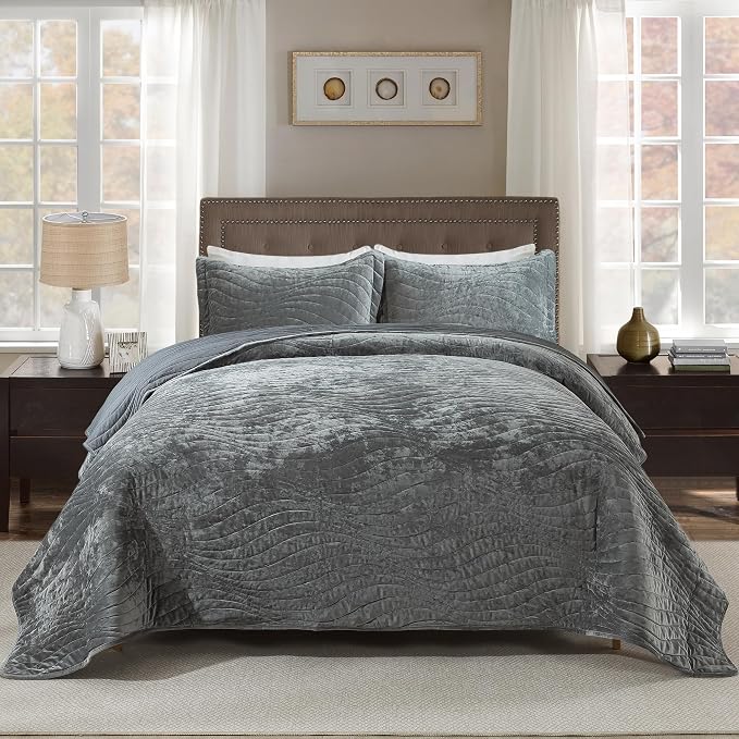 HoneiLife Velvet Quilt Sets Queen - Lightweight Bedspreads 3-Pieces, Wavy Coverlets Rustic Bed Cover Queen Quilt Bedding Sets for All Season Use, Grey