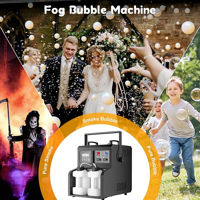 1500W Fog Bubble Machine with 24 RGBW LEDs, DMX512 & Wireless Remote, Dual 5L Tank, Timer — Professional Smoke Filled Bubble Blower for Wedding Halloween DJ Stage Party Indoor Outdoor