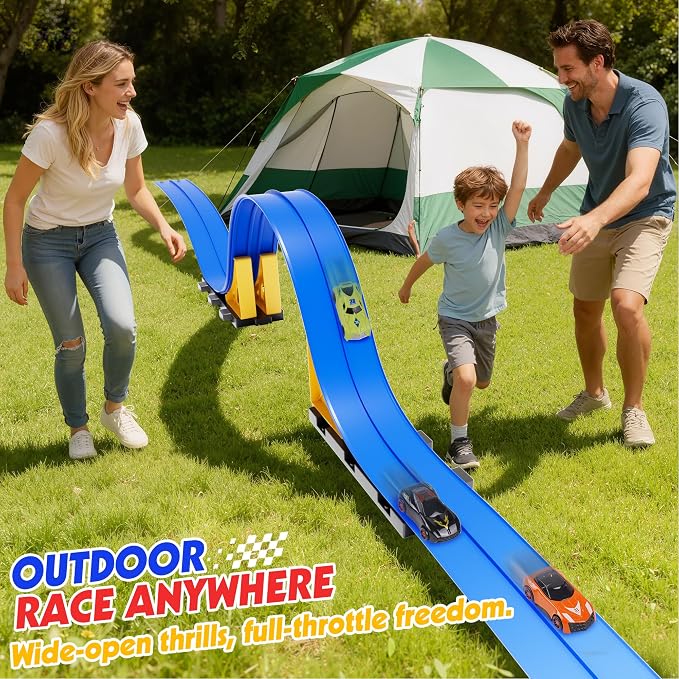 16-Ft Flexible Race Track Set for Kids, DIY Roll-Up Racetrack with 2 Launchers & 6 Mini Cars, Suction-Cup Portable Track Compatible with 1:64 Die-Cast Cars, Indoor & Outdoor Gift for Boys Girls 3+