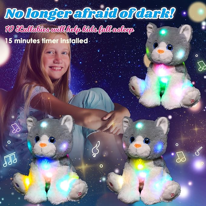 Light-up Singing Plush Cat LED Musical Kitty Stuffed Animal Adjustable Volume Lullaby Plushies Birthday Christmas Toy Gifts for Kids Toddler Girls, 10.5"