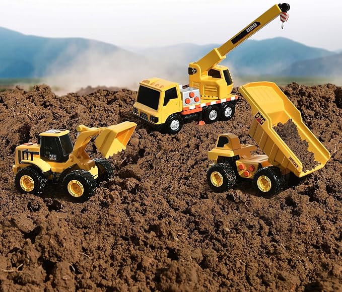 Sunny Days Entertainment Mini Construction Vehicles 3 Pack – Lights and Sounds Pull Back Toy Vehicle | Includes Dump Truck Front End Loader and Crane Truck – Maxx Action