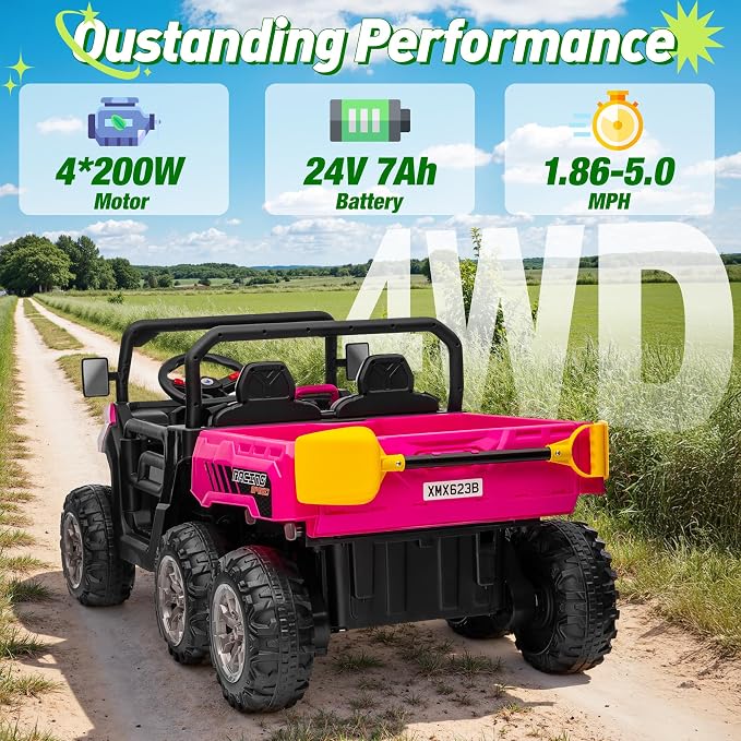 24V Ride On Dump Truck Car for Big Kids 2 Seater XL, 4WD 6-Wheels Battery Powered Ride On Toy with Remote Control, 800W Powerful Motors, Dump Bed & Shovel, Electric UTV for Boys Girls