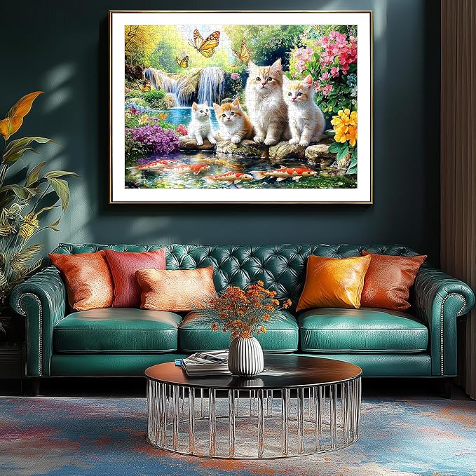 Puzzles for Adults 1000 Pieces, Fun Cats & Koi Fish - Waterfall Scene with Butterflies, Animal Pet Lover Jigsaw Puzzle 1000 Pieces Challenging Perfect for Game Nights (27.5"x19.7")