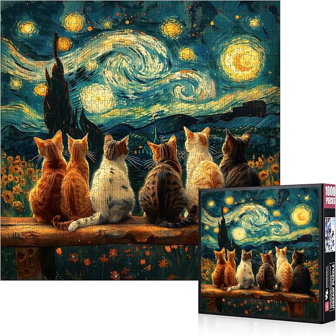 1000 Pieces Jigsaw Puzzle for Adults – Jigsaw Puzzle 1000piece Adult Puzzles, Starry Night Sky Cat Puzzles Brain Teaser, Interactive Family Game Suitable for Ages 14+, DIY Home Decor