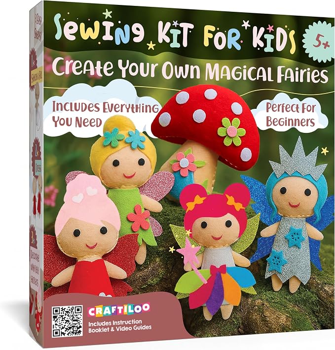 CRAFTILOO Fairy Sewing Kit for Kids Ages 5-12 – Beginner Sewing Kit with 5 Pre-Cut Felt Projects – Make Your Own Stuffed Animal Plush Dolls – Fun Girls Craft Kit, Learn to Sew Gift for Kids