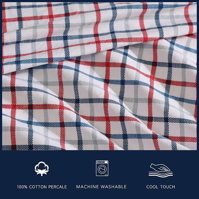 Nautica – Twin Size Sheet Set, Crisp Cotton Percale Bedding with Matching Pillowcase, Lightweight & Breathable Bed Sheets, Deep Pocket, College Dorm Room Essentials (Boating Tattersall Grey)