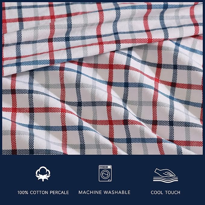 Nautica – Full Size Sheet Set, Crisp Cotton Percale Bedding with Matching Pillowcases, Lightweight & Breathable Bed Sheets, Deep Pocket, College Dorm Room Essentials (Boating Tattersall Grey)