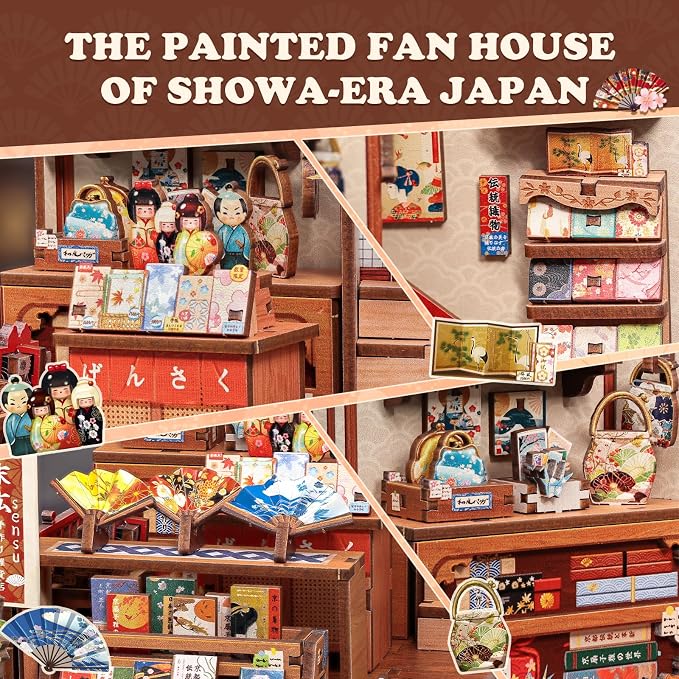 Cutefun Book Nook Kits for Adults, DIY Miniature Dollhouse Booknook Kit, Japanese Mini House Building Kit with LED, 3D Wooden Puzzle Bookshelf Insert Decor Creative Gifts for Teens (Folding Fan Shop)