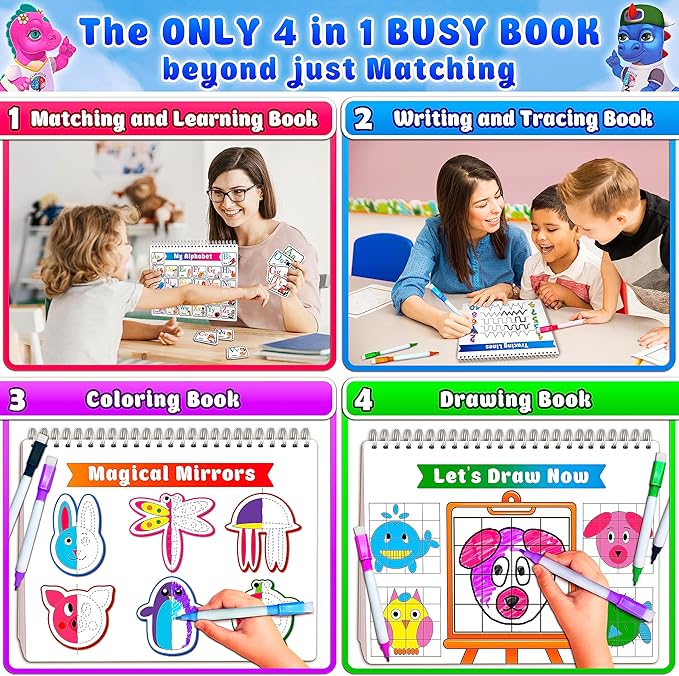 Curious 2 Learn Busy Book for Toddlers 3-5 – Montessori Preschool Learning Activities, Velcro Sensory Toy, Travel Toys Airplane Car, 28 Activities with Carry Bag & Markers – Pre-K Gift Boys Girls