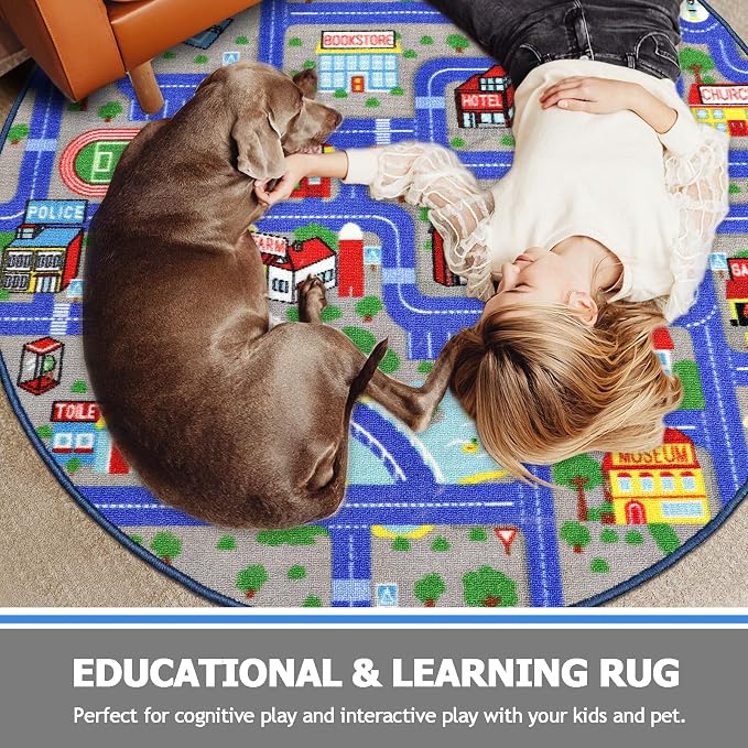 Capslpad Blue Car Road Kid Rug Carpet Playmat for Playoom Traffic Road Kids Play Mat for Toddler Non Slip Washable City Map Race Track Carpet Rug for Kids Room Bedroom Nursery Room Decor,4'x4'