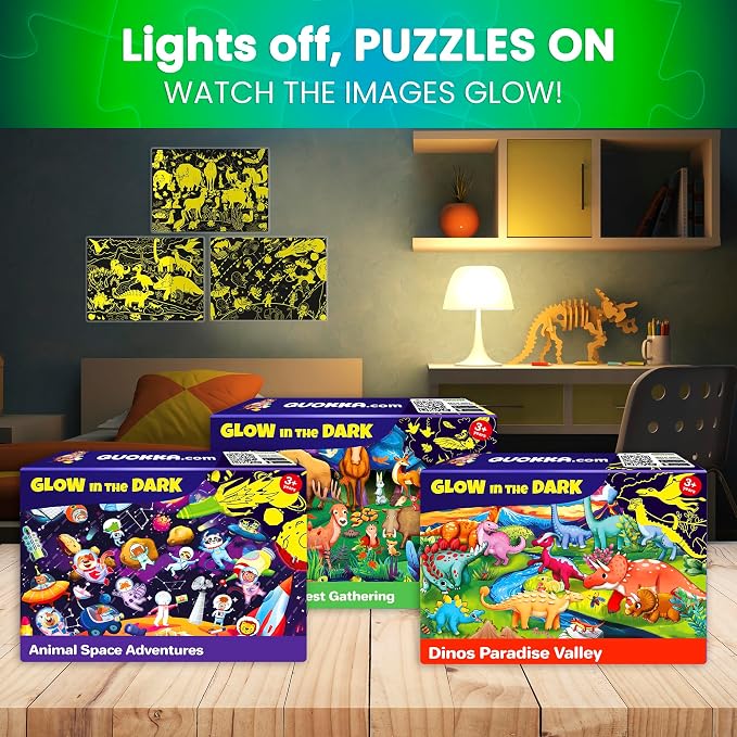 QUOKKA 100 Piece Puzzles for Kids Ages 6-8 – 4 Jigsaw Puzzles for Kids Ages 8-10 – Glow in the Dark Space Dinosaur Animals – Fun Game for 10-12 Boys and Girls – Learning Games Gift for Childrens