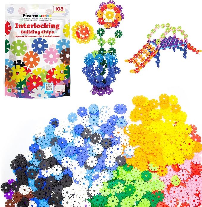 PicassoTiles Building Chips Interlocking Disc Construction Blocks in 12 Colors STEM Learning Early Education Toy Engineering Playset Child Brain Development for Toddlers Girls Boys Kids Age 3+ PTF108