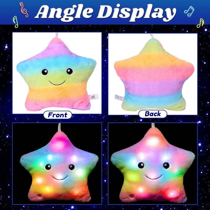 13" Musical Rainbow Star Plush Pillow Glowing Twinkle Night Light Stuffed Animal LED Toys Adjustable Volume Birthday for Girls Boys