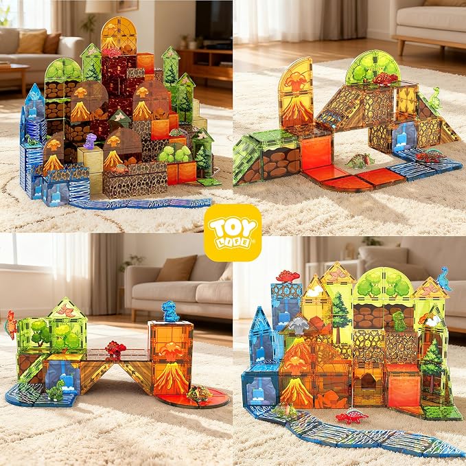 TOY Life 79PCS Magnetic Tiles Dinosaur Toys Set, Magnet Building Blocks Lava Dino World for Kids Ages 3-5, Jungle Animals Construction Toys for Toddlers 4-8, STEM Educational Gift for Boys & Girls 3+