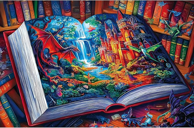 300 Piece Puzzle for Adults Fantasy Dragon Library Jigsaw Puzzle Magical Book Art with Dragon, Castle & WaterfallBook Inside Colorful Fairy Tale World Adult Puzzles for Family & Seniors