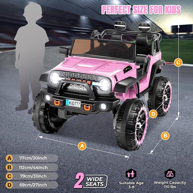 Hikole 24V 4WD/2WD Electric Kids Car with 4x4 Powerful Engine, Remote Control, Spring Suspension, Music, 2 Seater Electric Kids Ride on Truck W/20 Extra Wide Seat, Colorful LED Lights, Pink