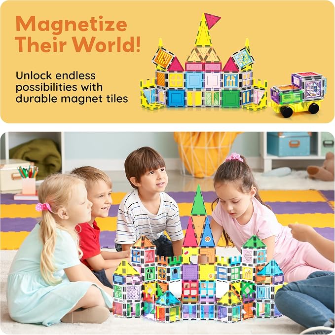 PicassoTiles 240pc Magnetic Tiles Building Set with Storage Bag Themed Stickers and Car Base Magnet Tile STEM Sensory Fun Creative Learning Classroom Must Have Educational Toy Boy Girl Age 3+ PT240