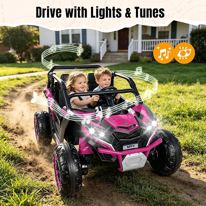 Firstness 24V Ride on Toys 800W Electric Remote Control Ride on Cars for Kids 2-Seater Riding Cars for Kids Ages 3-8, 3 Speed Mode, Music, LED Light, Off-Road UTV Ride on Truck for Boys & Girls, Pink