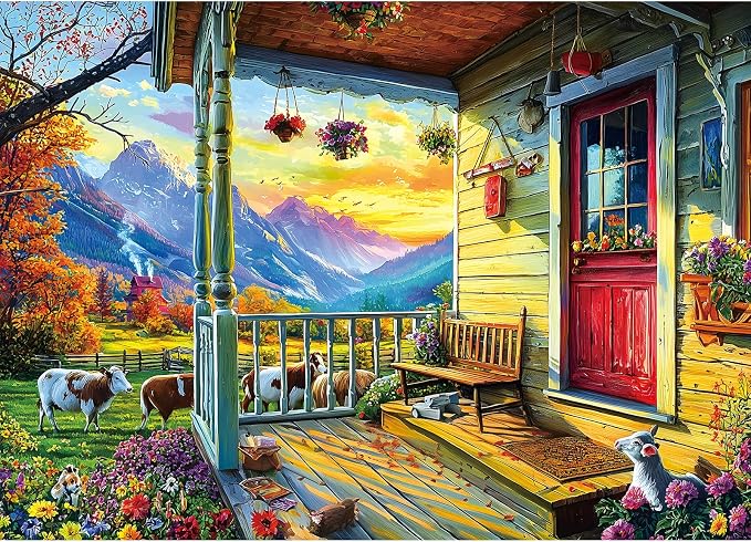 Puzzles for Adults 1000 Pieces, Country Life - Autumn Porch with Animals Puzzles for Adults, Mountain Scene Jigsaw Puzzle 1000 Pieces, Gift for Adult Jigsaw Puzzles Lovers, 27.5 x 19.7 inch