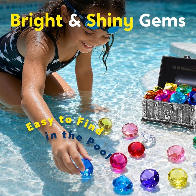 Sloosh Diving Gems Pool Toys,16 Big Colorful Diamond with Pirate Treasure Chest,Swim Dive Toy for Kids Underwater Gemstone Swimming Training Gift Water Toys Pool Games(Silver)