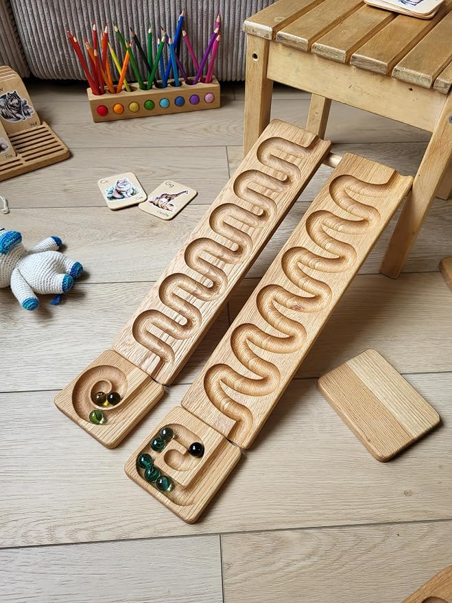 Wooden Marble Run Track Race Wooden Maze Board Ball Run Montessori Educational Toy Gift for Kids Winding Wave Roller Track(Set of 3)