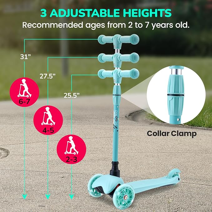 Hurtle Mini Kickboard 3 Wheel Scooter for Kids Ages 2-5 - Lean-to-Steer Toddler Scooter with Light-up LED Wheels, Adjustable Height & Rear Foot Brake for Boys. & Girls, Anti-Slip, Indoor/Outdoor