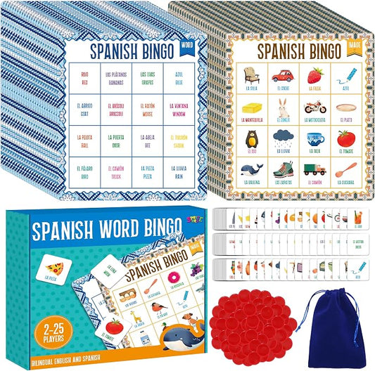 SpriteGru Spanish Bingo Game, 25 Bingo Board Spanish & English Vocabulary Word Game Bilingual Educational Toys for Language Learning - Ages 5 and up (Up to 25 Players)