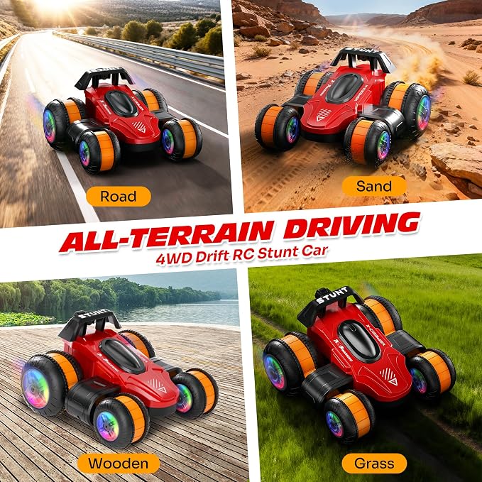 High Speed Remote Control Drift Car for Kids, 360 Degree Rotating Deformation Stunt RC Cars for Boys and Girls Ages 3-16, 4WD Drift RC Stunt Car with Light for Christmas, Birthday, Party Gifts (Red)