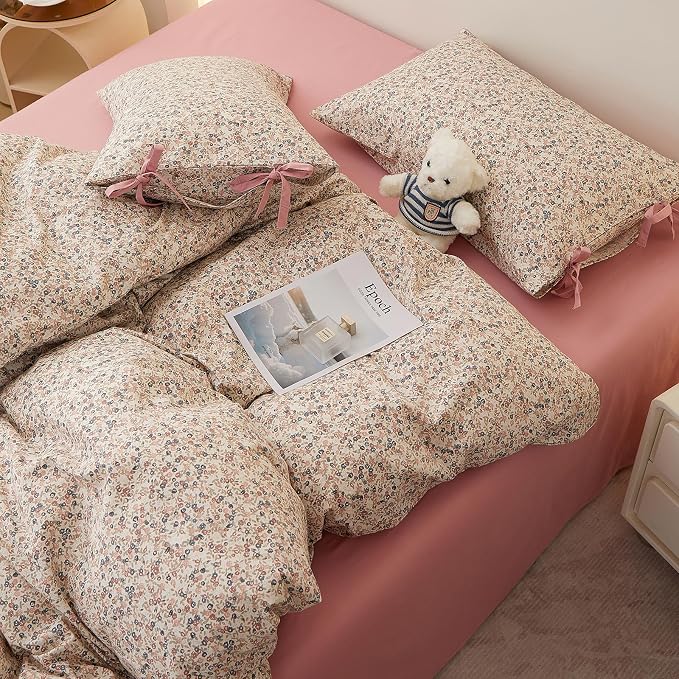 Pink Floral Comforter Set Queen, Aesthetic Botanical Flowers Comforter with 2 Bow Ties Pillowcases, Lightweight Cute Girls Floral Bedding Comforter Vintage Cottagecore Comforter Set for All Season