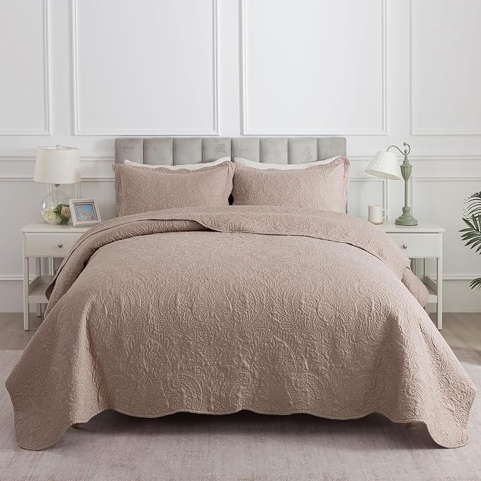 HoneiLife Queen Quilt Bedding Set - Microfiber Quilt Sets for Queen Bed, 3-Piece Lightweight Bedspreads,Reversible Coverlets Rustic Bedlinen Sets, Floral Bedding Set All Season Quilts-Dark Khaki