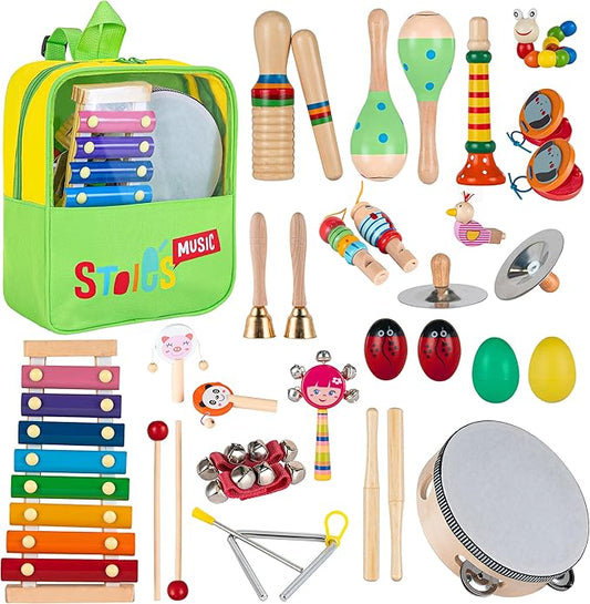 Stoie's Musical Toys for Toddlers, Wooden Percussion Instruments Toy for Kids Baby Preschool Educational Musical Toys Set for Boys and Girls with Storage Bag