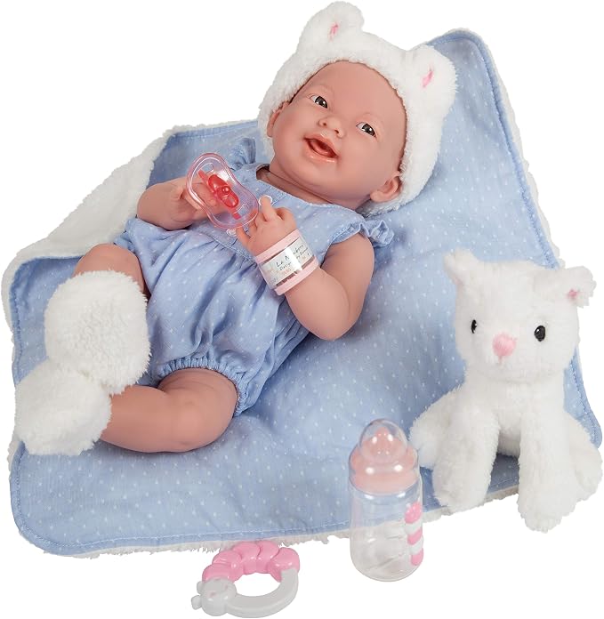 JC Toys La Newborn All-Vinyl-Anatomically Correct Real Girl 15" Baby Doll in Blue and Deluxe Accessories, Designed by Berenguer., Blue/White