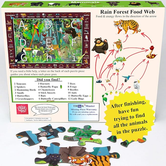 Think2Master Colorful Rainforest Jungle Zoo Animals 100 Pieces Jigsaw Puzzle.Great Gift 23.4” X 16.5”