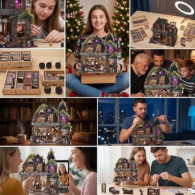 DIY Miniature House Kit, Dollhouse Magic City Gothic Witch House for Adults to Build, Birthday/Christmas Day Gift for Family and Friends, Prefab Tiny Home with LED Lights,Magic Castle