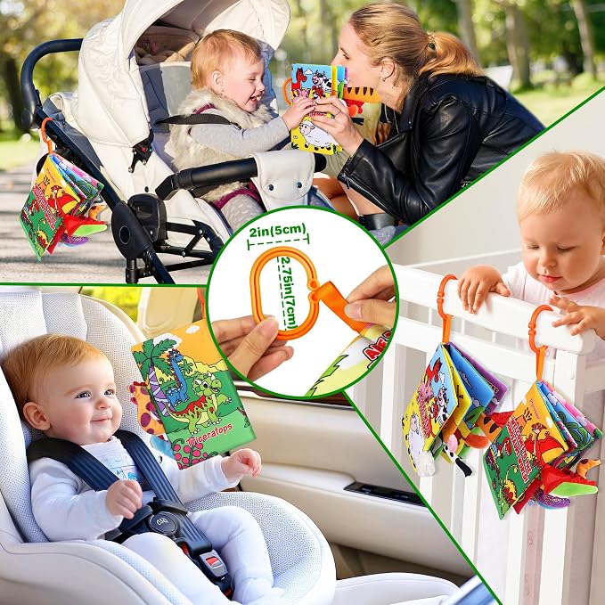 Helsort Soft Baby Books for 0-18 Months, 2PCS Crinkle Cloth Book - Dinosaur and Farm Themes, Tummy Time Toys for Infants 0-6-12-18 Months, Sensory Books for Babies, Ideal Christmas