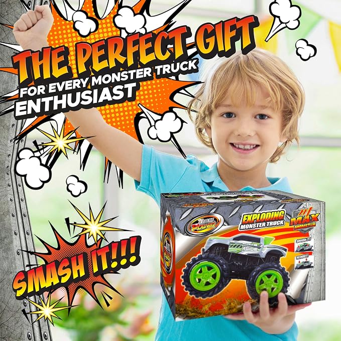 Team Power Exploding Monster Truck Toy with Explosive Crash Sounds and Lights, Smash It Up Again and Again, 8.7” Monster Truck Toys for Boys Kids Ages 3, 4-7 & Above | Toddler Toys Boy Birthday Gifts
