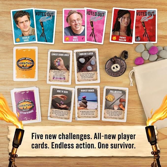 Exploding Kittens Survivor: Let’s Go to Rocks Game for Ages 8+, 2 to 6 Players, Strategy and Challenge Party Game with Rocks, Cards, and Immunity Necklace.