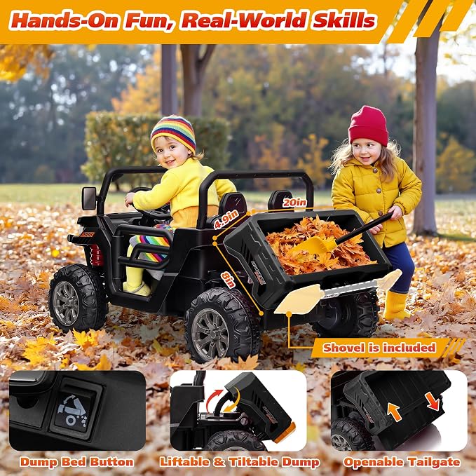 Joyracer 4WD 24 Volt Ride on Toys, 800W Ride on Truck for Kids, 2 Seater Power Car Wheels w/Dump Bed & Shovel, Ride on UTV w/Remote Control, Bluetooth, LED Lights, Black