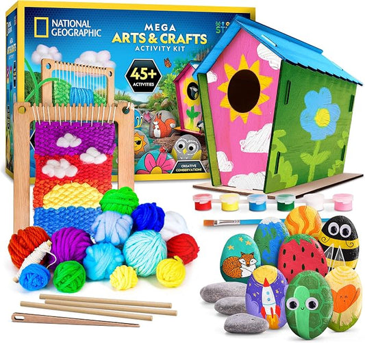 NATIONAL GEOGRAPHIC Mega Arts & Crafts Activity Kit for Kids Ages 8-12 – 3 Craft Kits to Build, Paint, Weave & Create, Rock Painting, Weaving Loom for Kids & Birdhouse Craft with 25 Bonus Activities