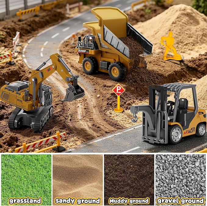 RC Construction Vehicles Toys Set 3 in 1 with Mini Excavator Dump Truck Forklift Real Lights & Sounds and Movable Parts & Traffic Sign Construction Site Map USB Charge Birthday Gifts for Kids Adults