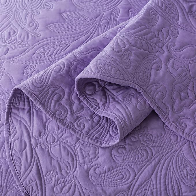 HoneiLife Queen Quilt Bedding Set - 3 Piece Microfiber Quilt Sets Lightweight Bedspreads Reversible Coverlets Rustic Bed Cover Floral Bedding Set All Season Quilts-Purple