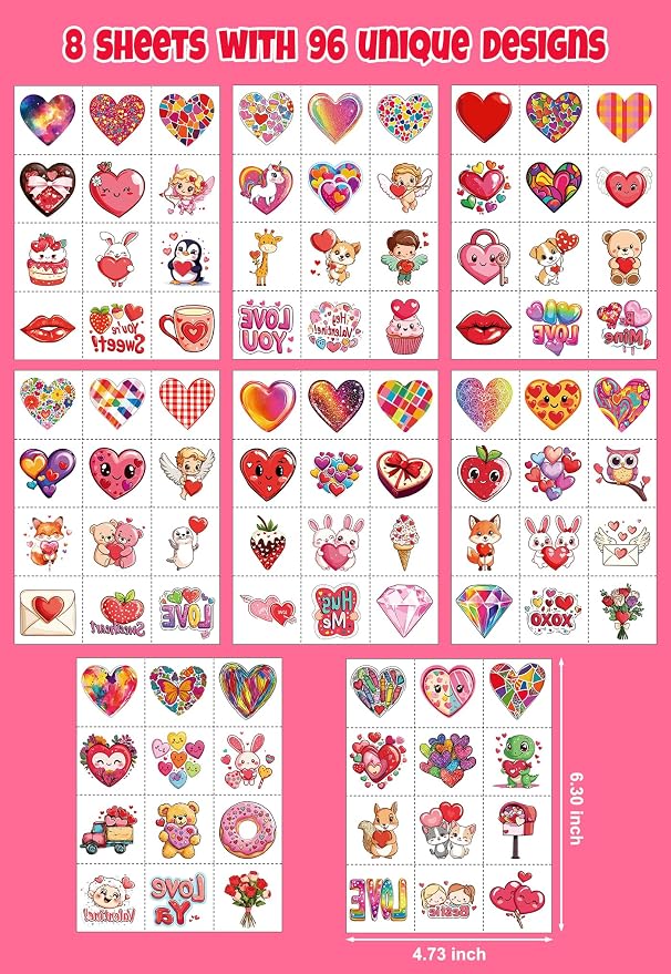 JCFIRE Valentines Day Stickers for Kids Temporary Tattoos, Heart Stickers for Valentines Day Gifts for Kids Classroom Exchange, Waterproof Decals for Party Favors, Goodie Bags, Crafts