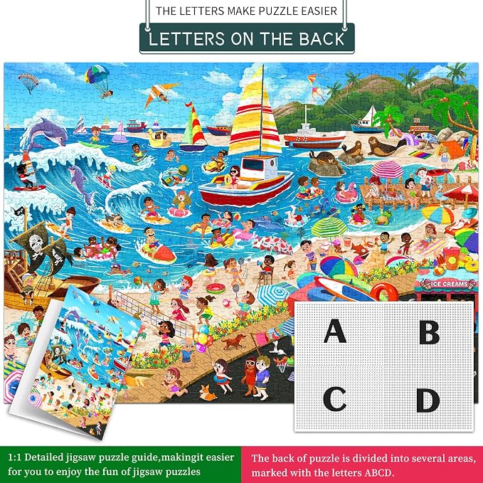Summer Beach Puzzles for Adults 1000 Pieces, Letters on Back, Impossible Hard Difficult Challenging, Precise Interlocking Pieces, Home Wall Decoration & Ideal Gift