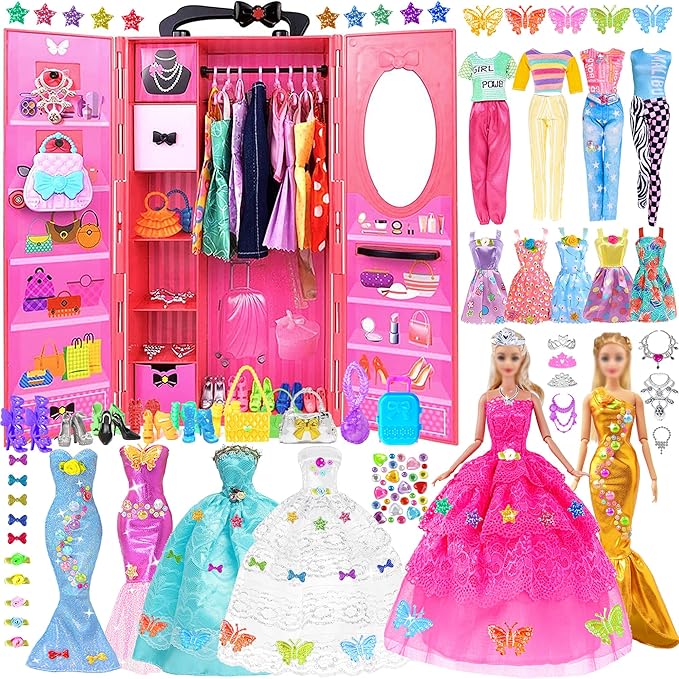 139pcs 11.5-inch Fashion Doll and Wardrobe Playset: Wedding Dress, Outfits, Shoes, Bags, Necklace, DIY Stickers Accessories