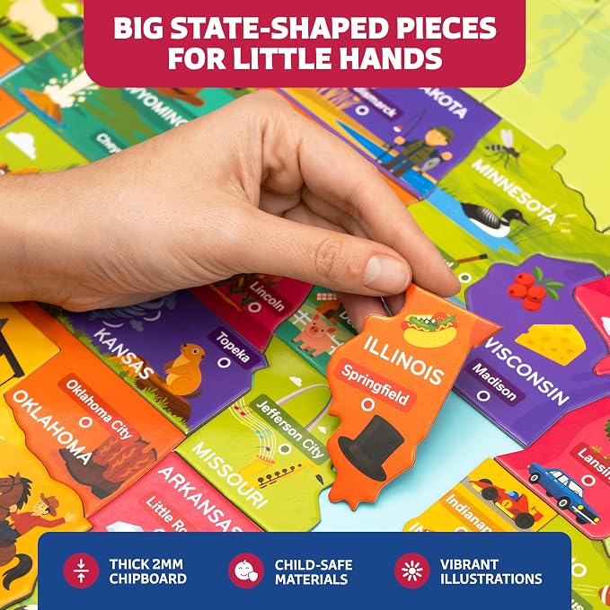 United States Puzzle for Kids Ages 4-8 – 87 Large USA State-Shaped Pieces, 27"x20" Map – Learn All 50 US States, Capitals & Landmarks – USA Jigsaw Educational Toy – Gift for Boys & Girls Ages 4+