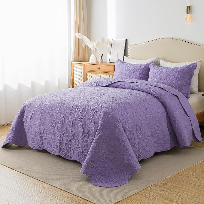 HoneiLife Quilt Sets King Size - 3 Piece Microfiber Quilt Set Lightweight Bedspreads Reversible Coverlets Rustic Bed Cover King Quilt Bedding Set All Season Quilts-Purple