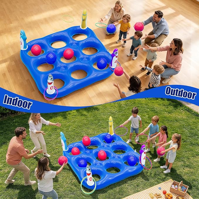 Shark Pool Toys Games Set, 2-in-1 Giant Inflatable Tic Tac Toe Float Game & Ring Toss Game with 10 Balls & 6 Rings, Outdoor Summer Fun Beach Yard Swimming Pool Games for Adults Teens Kids 6+