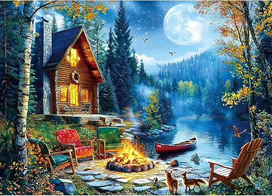 1000 Piece Jigsaw Puzzles for Adults, Moonlit Lakeside Cabin with Bonfire Puzzles for Adults, Impossible Challenging Difficult Puzzle Gift for Adult Jigsaw Puzzle Lovers (27.5"x19.7")