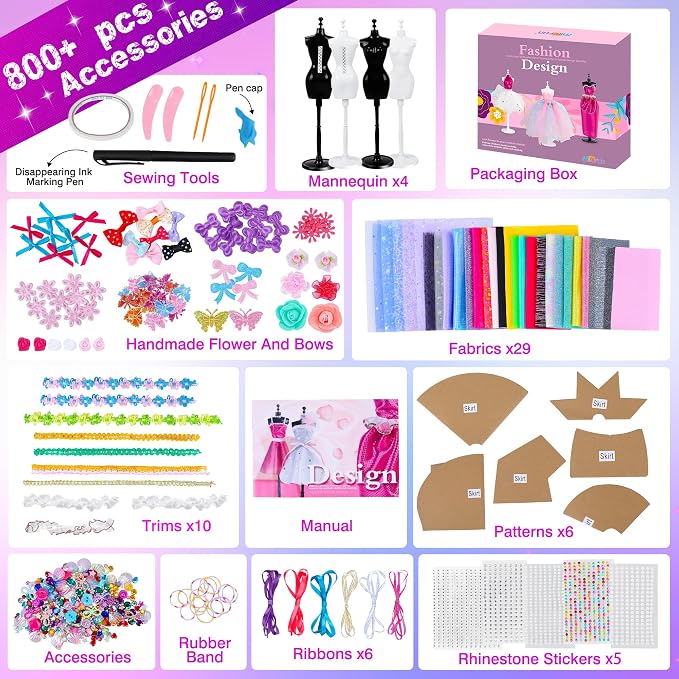 MINIFUN 800+Pcs Fashion Designer Kit for Girls, Sewing Kit with 4 Mannequins, DIY Arts and Crafts Kit for Kids, Doll Clothes Making Kit, Girl Toys for Age 6 7 8 9 10 11 12 Year Old Gifts